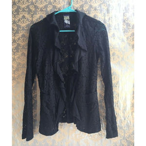Free People Black Lace Open Front Blazer  Single Hook Size Small - Ruffle Collar